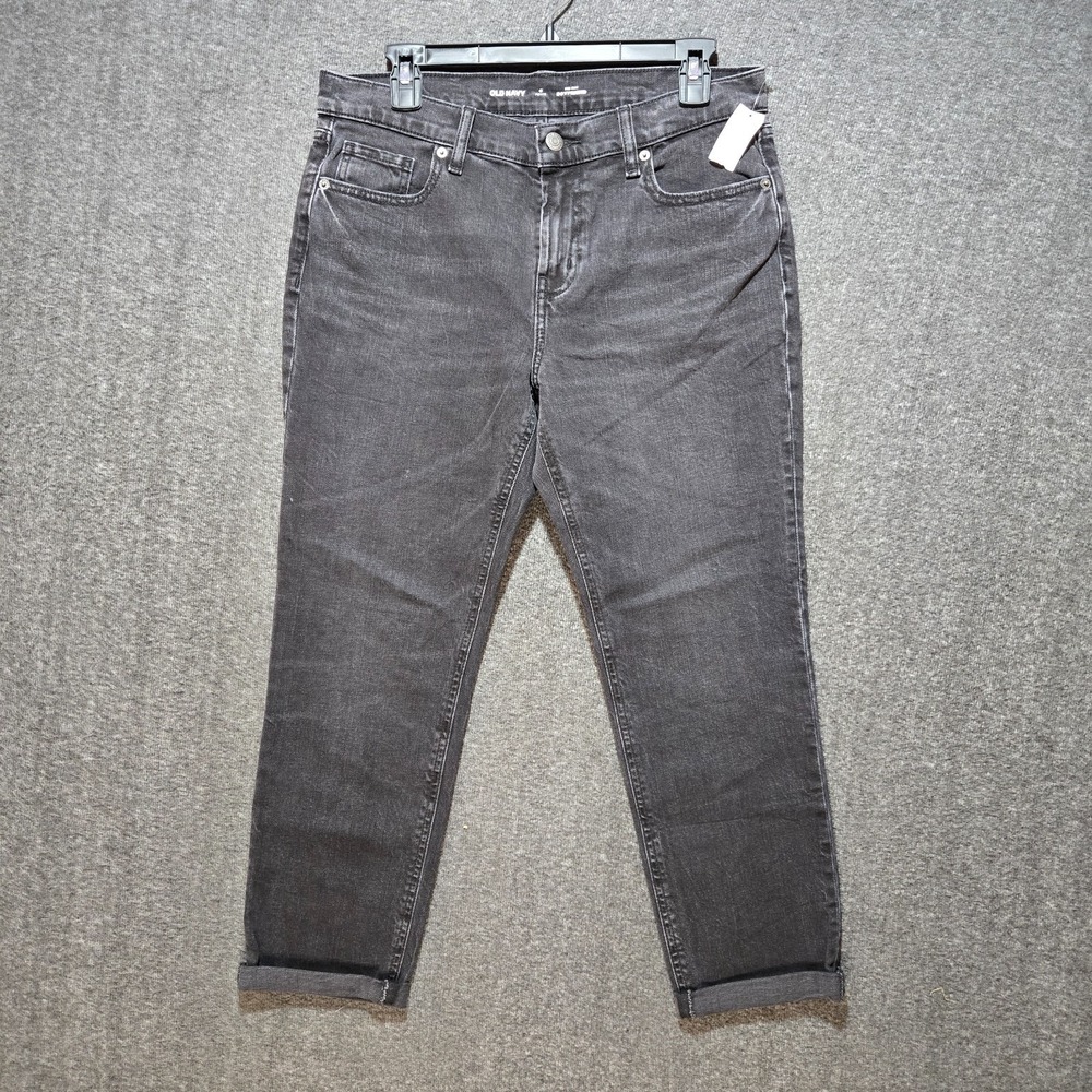 Old‎ Navy Boyfriend Jeans Womens 8 Petite Black Denim Cuffed Ankle 31x24 NWT